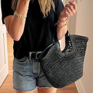 COS Black Leather Trimmed Straw Basket Bag Tote
